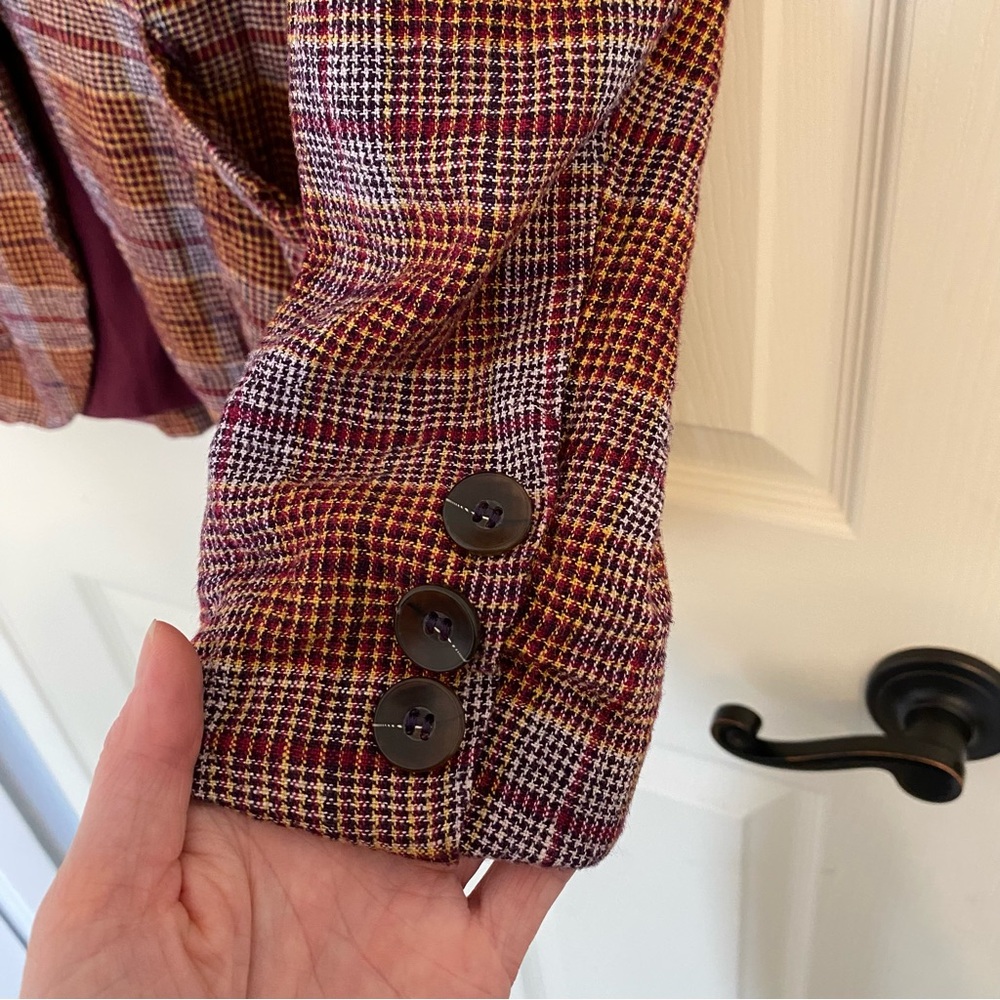 Free People Plaid Oversized Blazer Jacket Small Burgundy Yellow Boyfriend - Picture 9 of 11